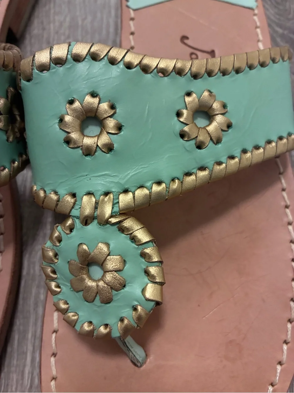Jack Rogers Mint Green Leather Thong Sandals with Gold Accents- 10.5